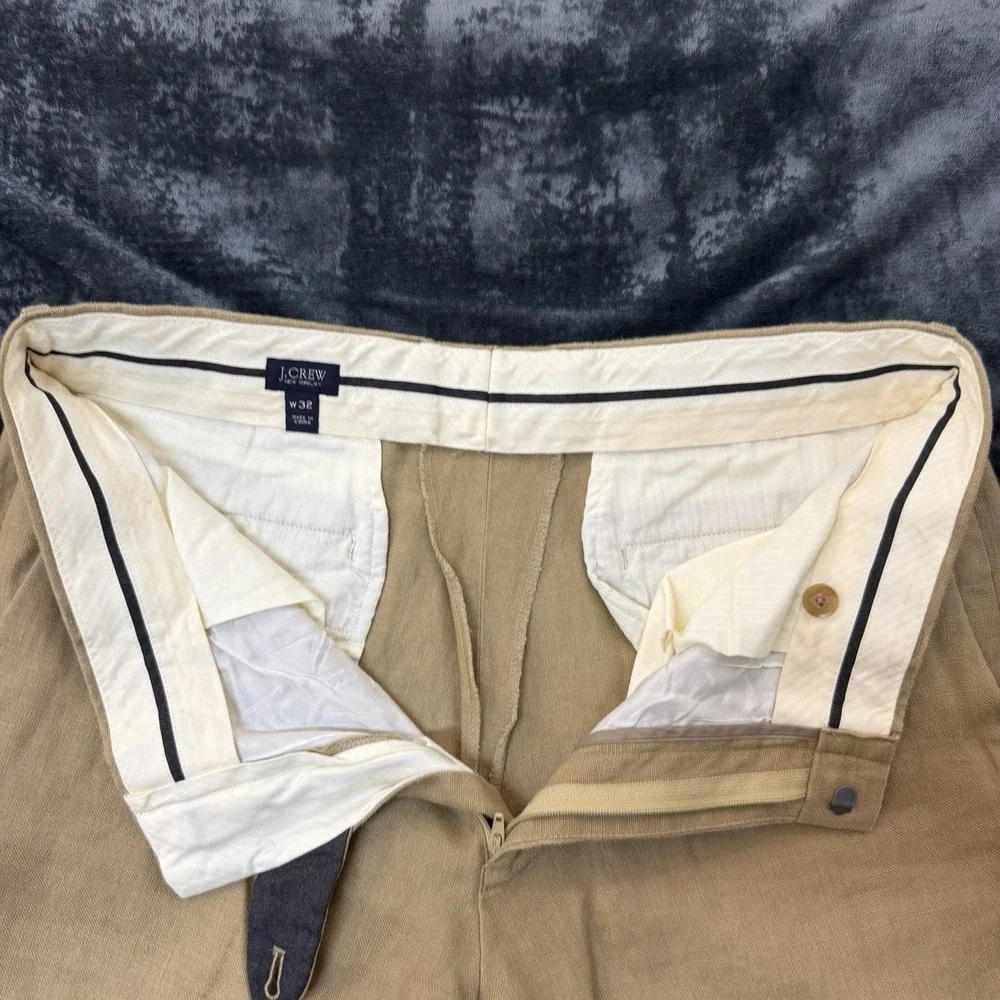 J.Crew Mens Ludlow 100% Linen Pants 32 Tan Khaki Lined Leg Dress Trousers 91031